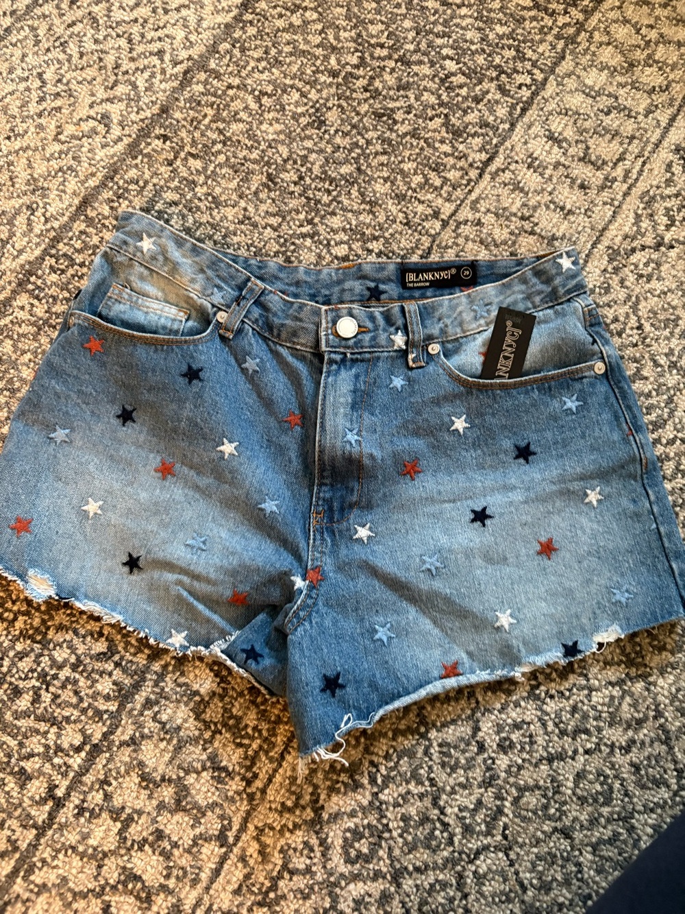 Blank NYC Blue Denim Star-Embroidered High-Rise Shorts